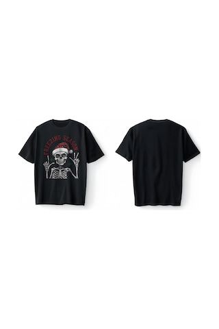 Bumeta Noel Temalı Christmas Freezing Season Oversize Unisex Tişört T-shirt Siyah