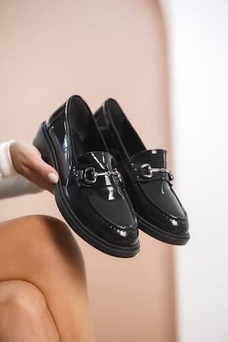 Garantili Horse Kadın Zincirli Loafer Günlük Ayakkabı Siyah-rugan