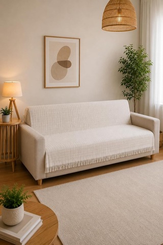 Çift Taraflı Buldan Dokuma Pamuklu Koltuk Örtüsü 170x210 Cm Çekyat Örtüsü Geometrik Desenli Koltuk Şalı - Ekru Diğer