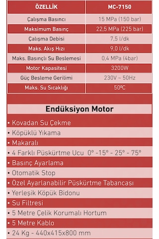 Mercure Mc-7150 Yüksek Basınçlı Oto Yıkama Makinesi Pro 3200 W. 225 Bar Endüksiyon Motorlu