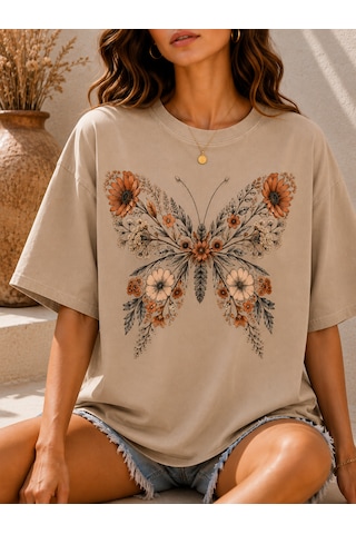 Velaura Studio Çiçekli Kelebek Kadın T-shirt Vizon Velaura Studio Çiçekli Kelebek Kadın T-shirt Vizon