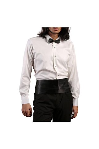 Dicotto Krem Yakma Desenli Siyah Taş Düğmeli Damatlık Ata Yaka Kol Düğmeli Slim Fit Smokin Gömlek - 023 001