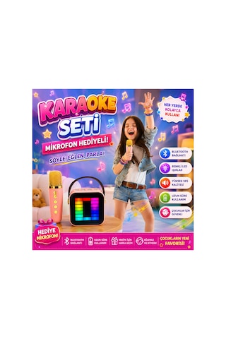 Çocuk Karaoke Seti Bluetooth Kablosuz Mikrofonlu Rgb Işıklı Taşınabilir Hoparlör Usb Tf Kart Aux Destekli Type-c Şarjlı