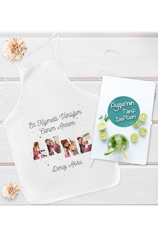 Bk Gift Kişiye Özel Fotoğraflı Ve Mesajlı Anne Tasarımlı Mutfak Önlüğü Ve Yemek Tarif Defteri Hediye Seti, Anneye Hediye, Anneler Günü Hediyeleri