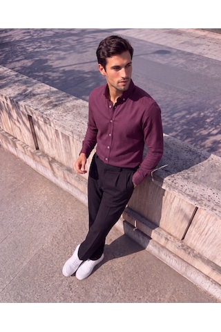 Hazego Erkek Standart Kesim Gabardin Kumaş Uzun Kollu Gömlek Bordo
