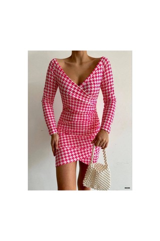Angbutik Kadın Modern Tasarım V Yaka Standart Kol Elbise Pembe