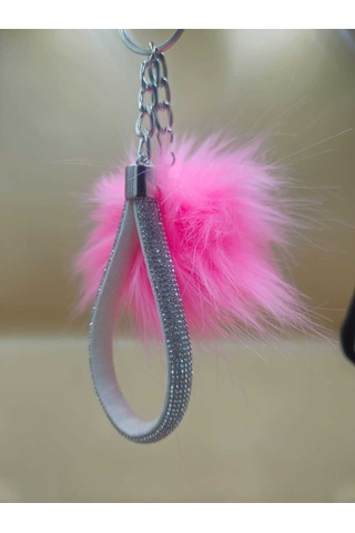 Gümüş Taşlı Tilki Tüyü Şeker Pembe Angel Anahtarlık