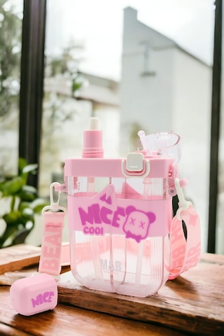 Çift Bölmeli Nice Cool Matara Pembe, Çift Kapaklı, Pipetli Suluk