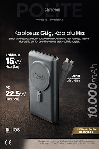 Simex 10.000mAh MagSafe Powerbank 15W Wireless / 22.5W Hızlı Şarj - Dahili Type-C Lightning Kablolu S-38