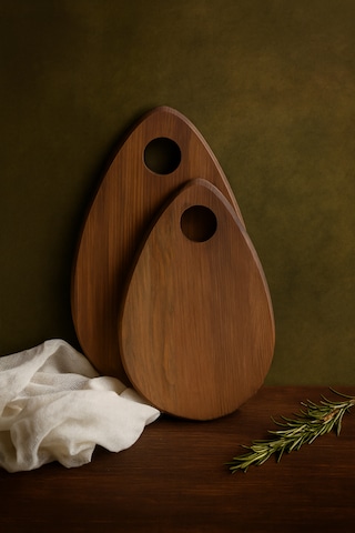 Fam Wood Art Damla Model 2'li Kesme Sunum Doğrama Tahtası, Servis Tabağı %100 Çam Ağacı Kahverengi