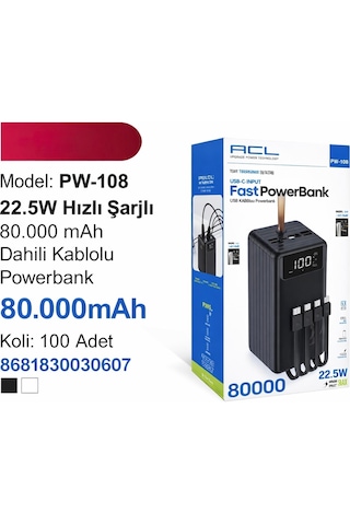 Hızlı Powerbank 80.000mah Pw-108 Hızlı Şarj 22.5w Lcd Gösterge, Dahili Lightning, Type-c Ve Micro Kablolu 7 Portlu Usb Hub siyah