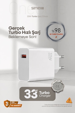 Simex Xiaomi, Redmi, Poco, Uyumlu 33 Watt Hızlı Turbo Şarj Başlığı Ce Belgeli Sps-19