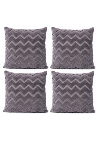 Peluş Dekoratif Kırlent Kılıfı İskandinav Zigzag-balıksırtı 4 Lü Set 42x42 Cm Antrasit Füme