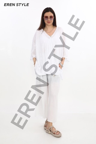 Bohem Kuruvaze Tek Düğmeli Keten Bluz-9884 Beyaz