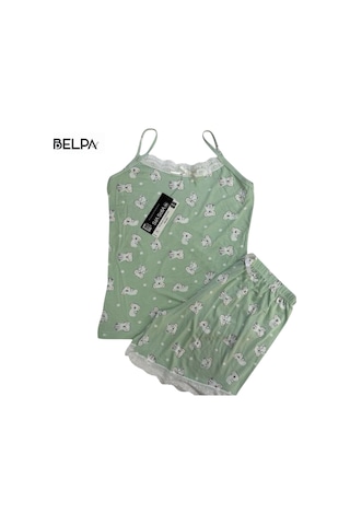 Belpa Sıla Sella Bamboo Kadın Şortlu Pijama Takımı Askılı Dantel Detaylı Haki