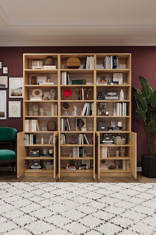 Asra Trend K-51 %100 MDF 180 cm 3 Modüllü Kapaklı Kitaplık Raflı Kütüphane Safir Meşe