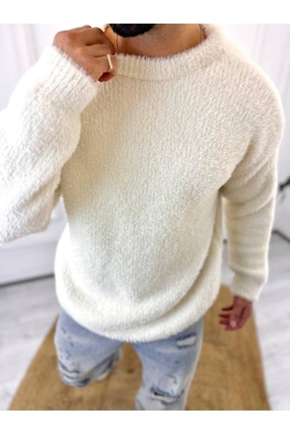 Elku Moda Kazak Oversize Tüylenmez Polar Kazak Bol Kesim Naturel Pamuk Rahat Kesim Salaş Peluş Kazak Beyaz