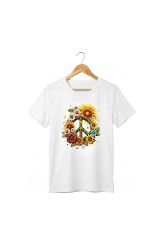 Kadın Bisiklet Yaka Ayçiçeği Ve Barış Logo Desenli Dijital Baskılı T-shirt Beyaz