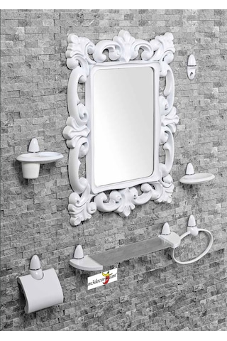 Büyük Dev 77 Cm Aynalı Çok Parçalı 7 Parça Beyaz Banyo Ayna Seti Beyaz