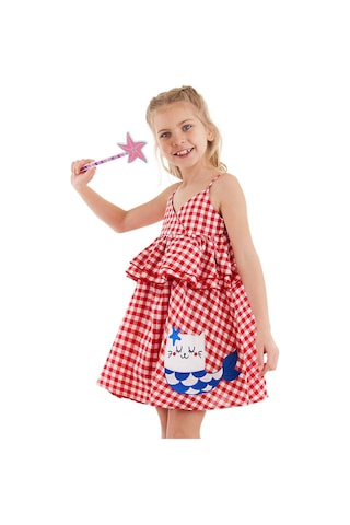 Denokids Deniz Kedisi Kız Çocuk Kırmızı Ekose Elbise Kırmızı