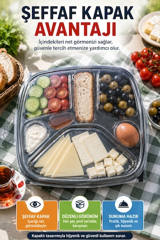 Tabldot 7 Bölmeli Kapaklı Kahvaltı Seti Pet Tek Kullanımlık Piknik Ofis Brunch Servis Kabı 29,5cm Xl Siyah
