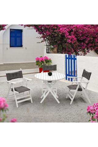 Marmaris Katlanır Ahşap Bahçe Set 70Lik Masa, 3 Minderli Sandalye Beyaz