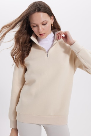Tudors Kadın Relax Fit Rahat Kesim Pamuklu İçi Polarlı Yarım Fermuarlı Ekru Dik Yaka Sweatshirt-42196 Ekru