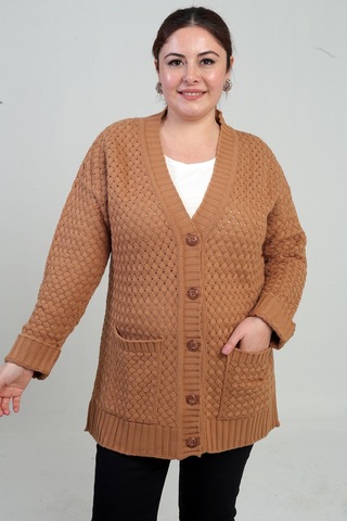By Saygı Kadın Sepet Örgü Model Cepli Tunik Hırka Camel