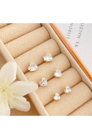 Tektaş Küpe Kalp Model Tektaş Üçlü Set Küpe Kararmaz Çelik Gold