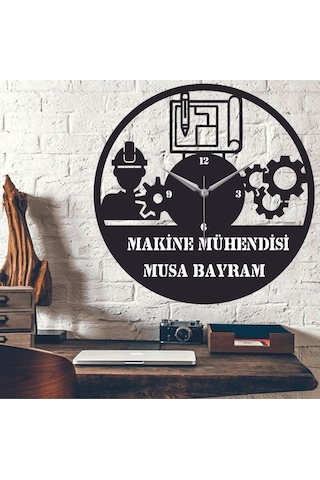 Makine Mühendisi Temalı Ahşap Duvar Saati Siyah