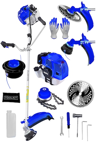Schatz 5.9 Hp Yan Tipi Benzinli Motorlu Ot Çalı Çim Biçme Tırpanı 11000rpm Mavi + Canavar Başlık