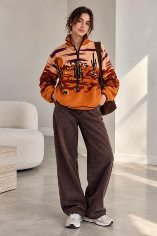 Bbbutikbasic Dik Yaka Yarım Fermuarlı Desenli Polar Sweatshirt My3535 Turuncu