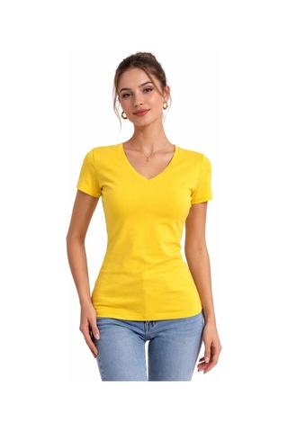 Tarzyeri Kadın V Yaka Tişört Kısa Kol Slim Fit T-shirt 3'lü Set Toz Pembe-sarı-turkuvaz Çok Renkli