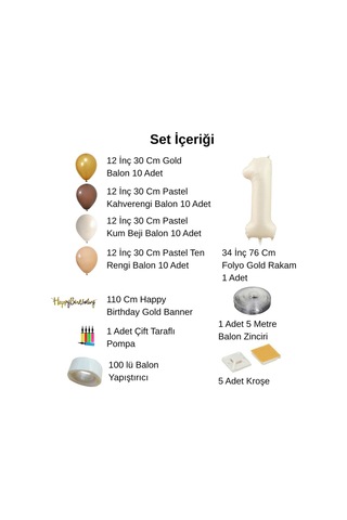 0 Yaş Pompa Hediyeli Doğum Günü Seti Banner Gold Kahverengi Kum Beji Ten Rengi Balonlar Krem Rakam Çok Renkli