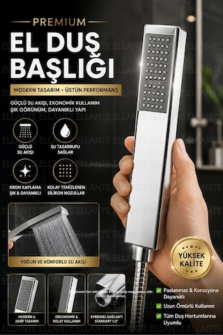 Kare El Duşu Başlığı Krom Paslanmaz Güçlü Su Akışlı Silikon Nozullu 1/2'' Universal Bağlantı Çok Renkli