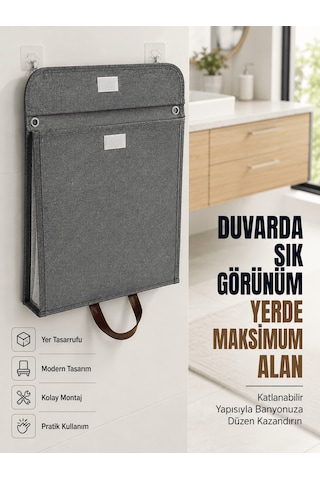 Katlanır Duvar Askılı Çamaşır Sepeti Geniş İç Hacimli Banyo Düzenleyici 7010