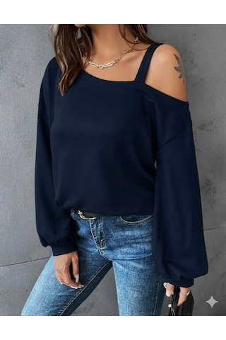 Moderie Butik Kadın Uzun Kollu Tek Omuz Askı Detay Salaş Viskon Iki Iplik Bluz Lacivert