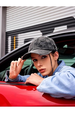 Valkyrie Vintage Siyah Yıldız Nakışlı Şapka Unisex Eskitme Baseball Cap Ayarlananır Pamuk Spor Şapka