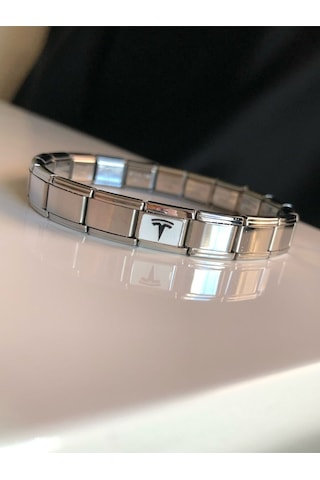 Erkek Kadın Çelik Bileklik - Tesla Logo Model Italy Nomi Charm Sevgiliye Eşe Babaya Gümüş