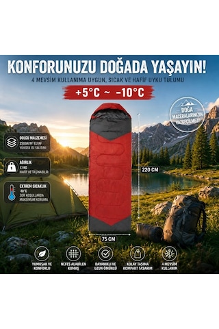 4 Mevsim Uyku Tulumu +5 C -10 C Kamp Uyku Tulumu Nefes Alabilen Kumaş Kırmızı