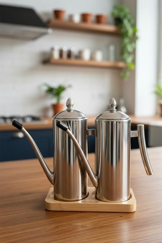 Bambum Standlı 2'li Çok Amaçlı Çelik Demlik Yağlık Yağdanlık 700ml Çelik