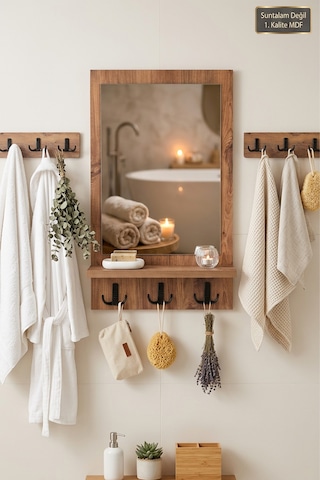 Antik Ahşap Dekoratif 3 Parça Banyo Lavabo Mutfak Aynası Raflı Aynalı Askılık Set Portmanto Oda Duvar Antre Hol Raflı Askılı Ayna Srn-16x Atlantik Çam