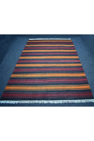 El Dokuma 6m2 Benzersiz Çubuklu Gömürgen Yün Kilim 7473 Çok Renkli