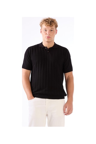 Dufy Siyah Polo Düğmeli Kısa Kollu Düz Renk Fitilli Slim Fit Erkek Triko Siyah