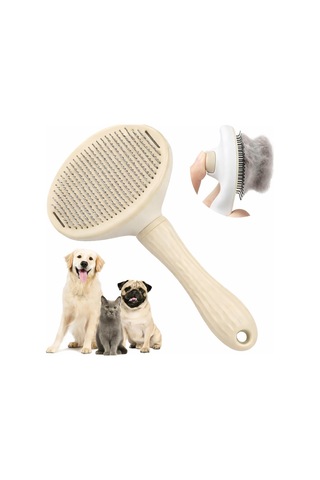 Madpet Krem Basmalı Kedi Ve Köpek Tarağı Otomatik Temizlenen Pet Fırçası Paslanmaz Çelik İğneli Er