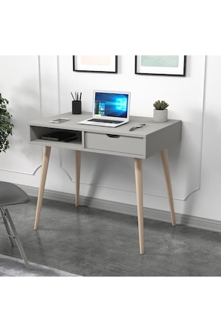Offer Çalışma Masası, Bilgisayar Masası, Çekmeceli Kilim, Ahşap Ayak, Ev-ofis - Sis Gri Sis Gri