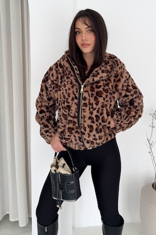 Femelle Leopar Fermuarlı Kapüşonlu İçi Astarlı Peluş Kürk Mont Çok Renkli