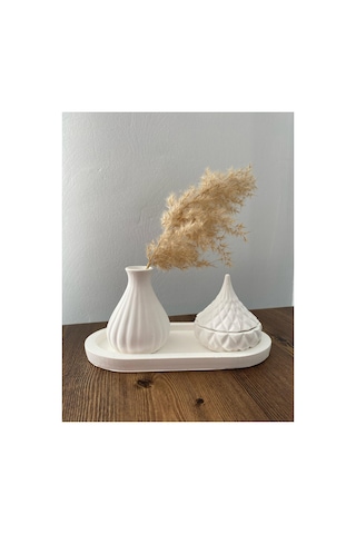 Vazo Minimalist Tasarım Düz Standlı Beyaz Vazo Ve Kapaklı Mum Seti El Yapımı Beyaz