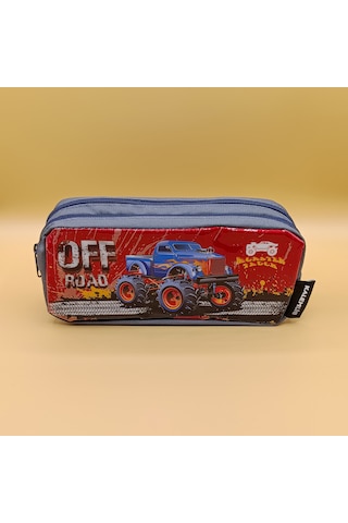 Monster Truck Desenli Çok Bölmeli Kalem Kutusu Fermuarlı Okul Kalemliği Çok Renkli