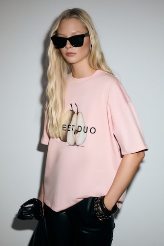 Grımelange Asterıve Kadın Organik Pamuklu Baskılı Bisiklet Yaka Oversıze Somon T-shirt Somon